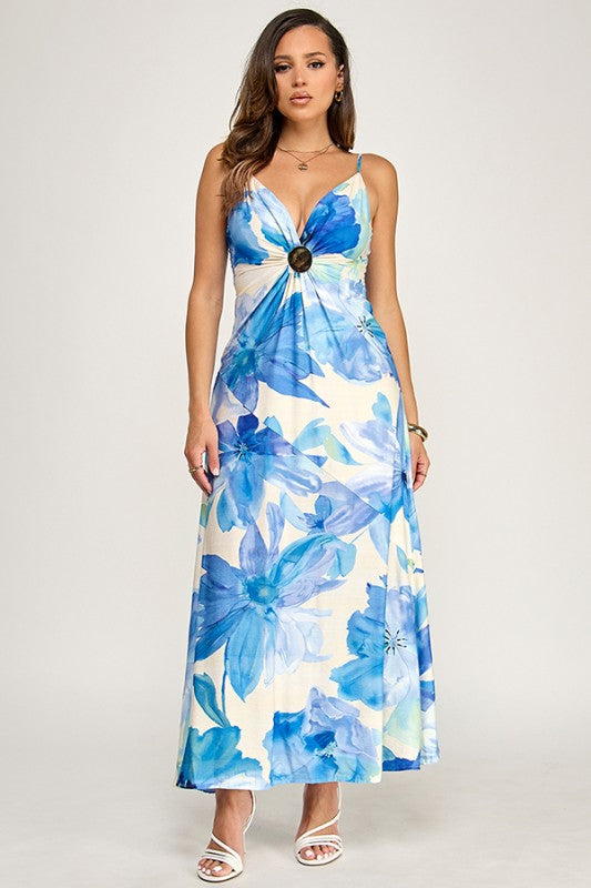 PRINTED DROP WAIST MAXI DRESS WI GOLD OVAL TRIM