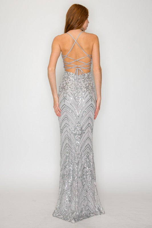 SEQUIN V-NECK MERMAID MAXI DRESS