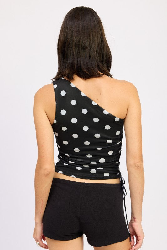 POLKA DOT ONE SHOULDER SIDE RUCHED TOP