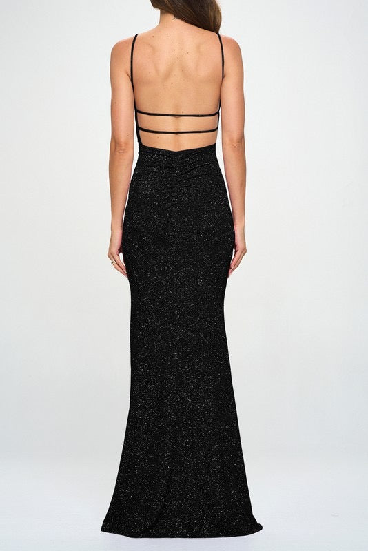 GLITTER RUCHED BAR BACK MAXI DRESS