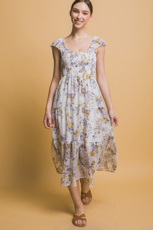 SMOCKED FLORAL MIDI DRESS