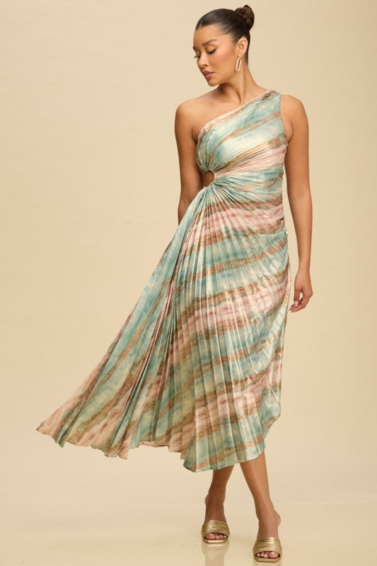 METALLIC PLEATED ONE SHOULDER MAXI PARTY DRESS