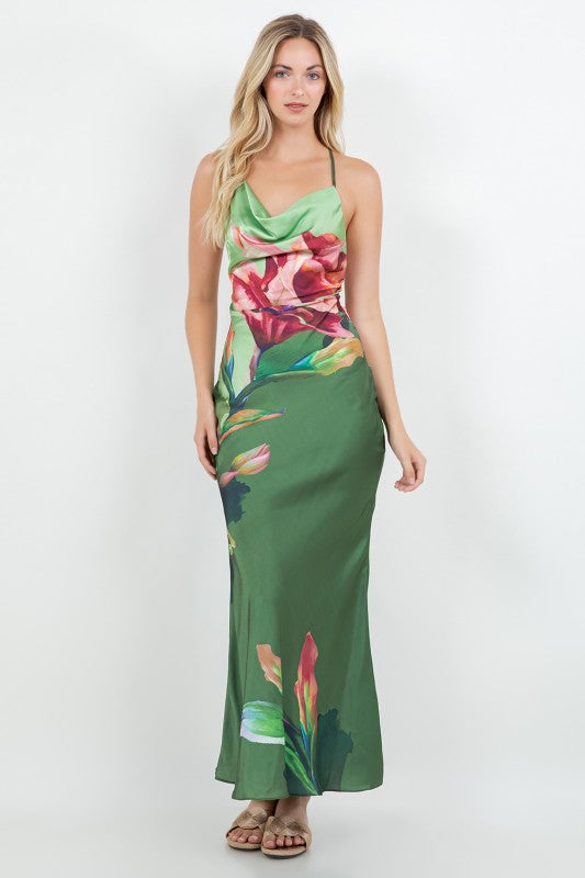 FLORAL PRINTED COWL NECK MAXI SATIN DRESS