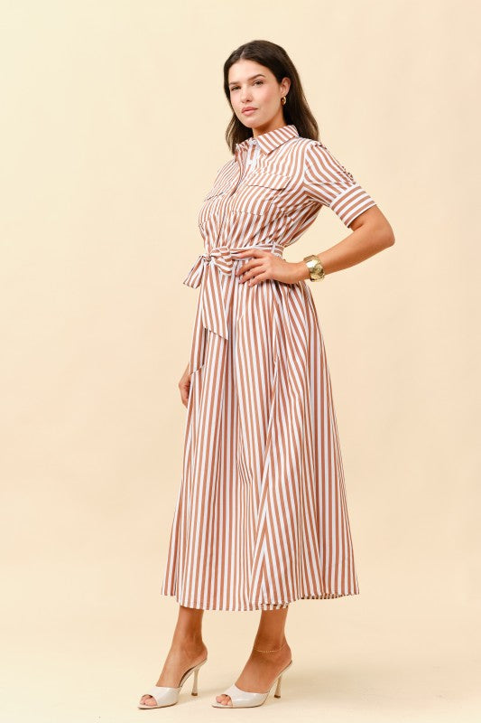 SHORT SLEEVES STRIPE BUTTON FRONT MIDI DRESS