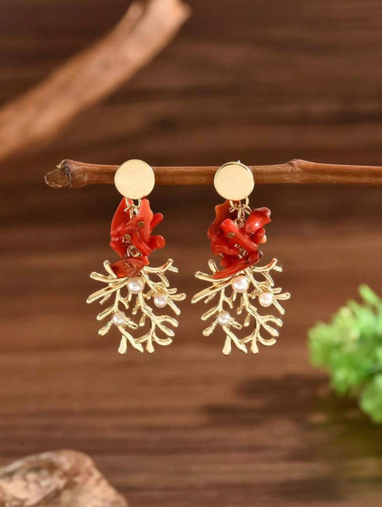 FAUX PEARL RED CORAL GOLD PLATED EARRINGS