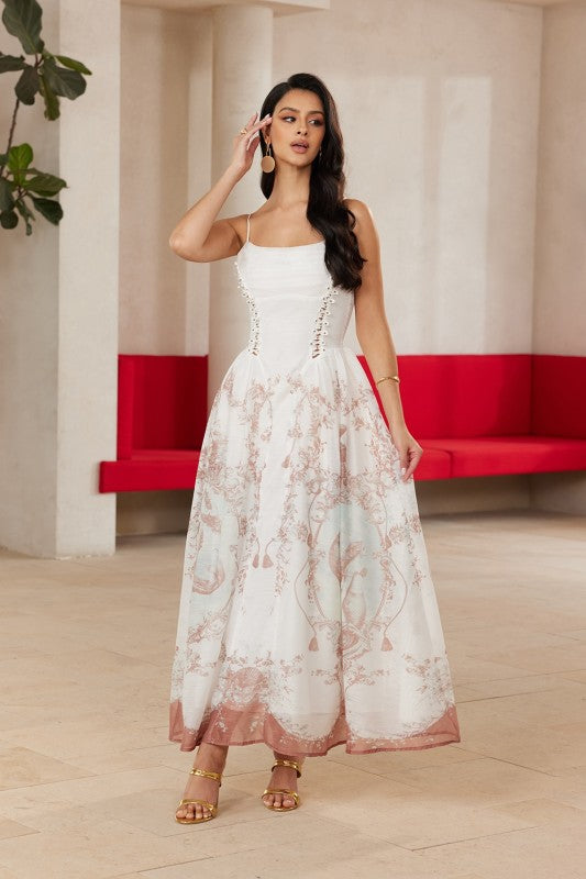 CORSET WAIST WHIMSICAL GARDEN MIDI DRESS
