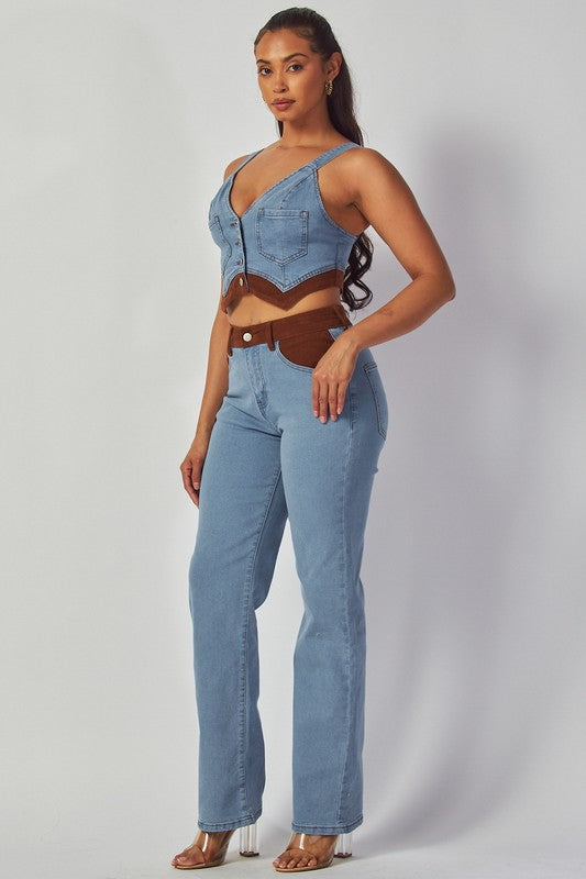 AISILINN SEUEDE CONTRAST DENIM TOP & PANTS SET