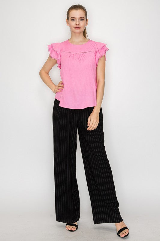 Crew Neck Eyelet Ruffled Top