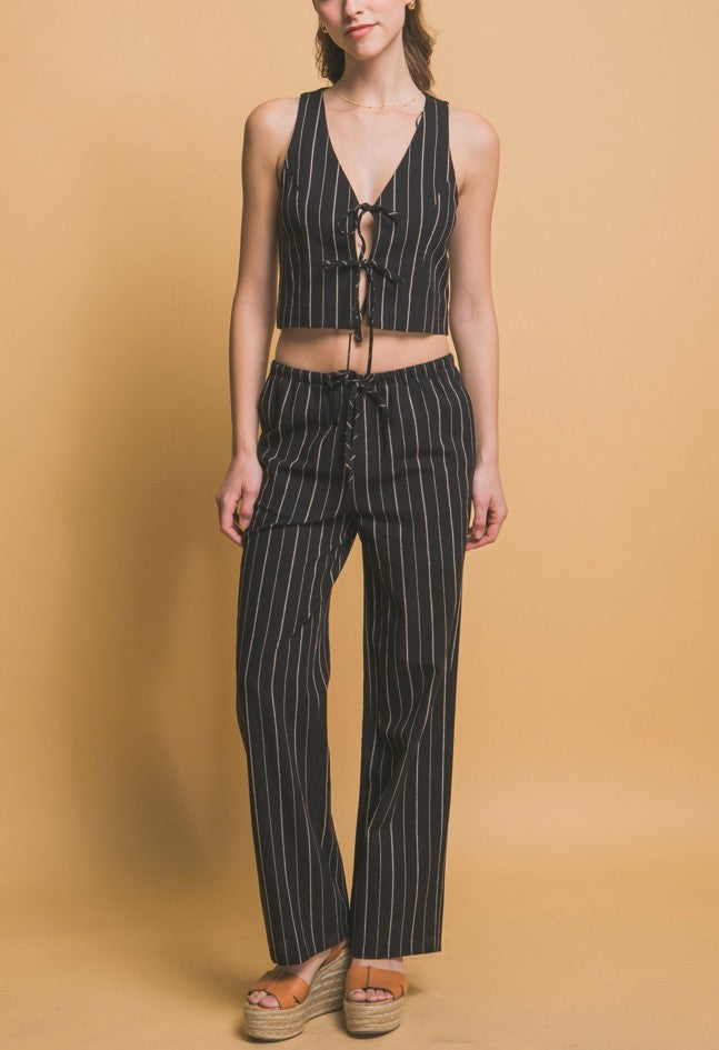 Striped Linen Tie-Front Beaded Detail Vest & Pants Set