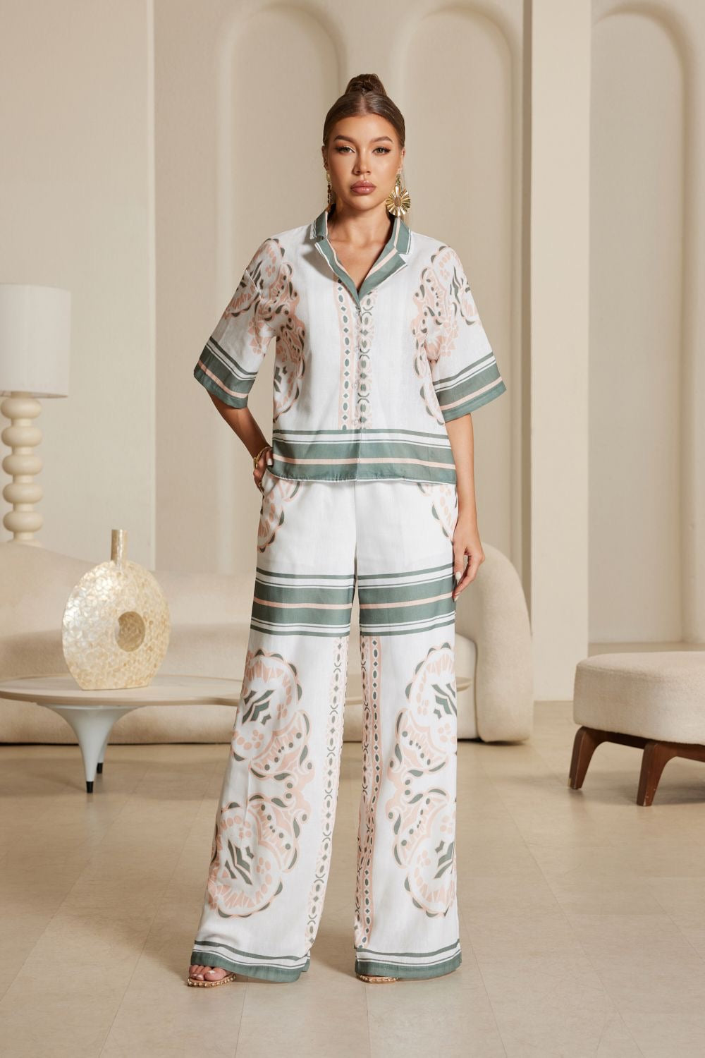 PRINTED SATIN SHIRT AND WIDE LEG PANTS