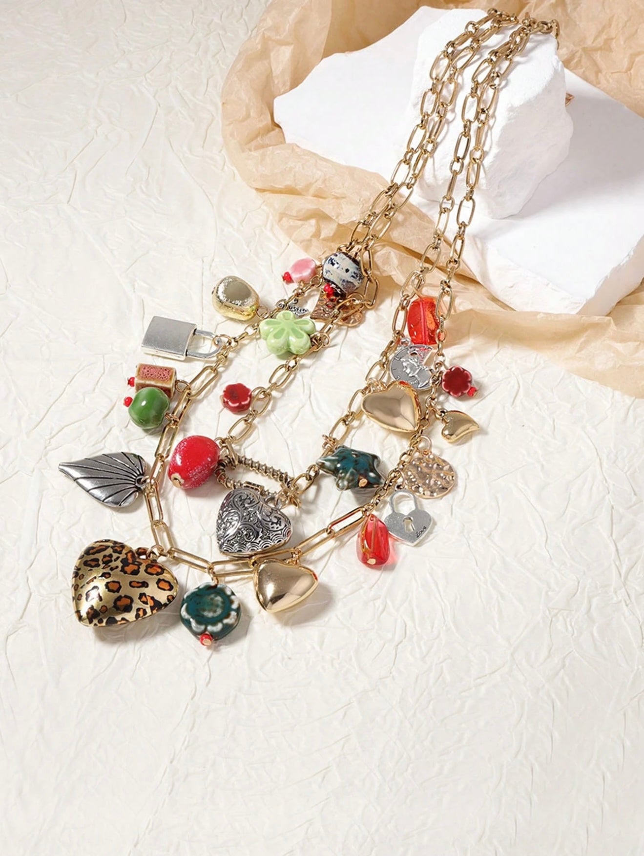 STACKED MULTI LAYER BOHEMIAN PENDANT HEART NECKLACE