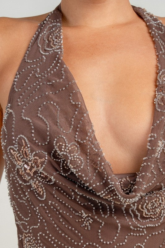 BEAD MESH DEEP PLUNGE COWL HALTER MAXI DRESS