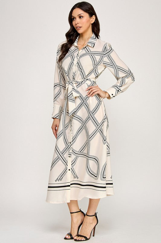 PRINTED LONG SLEEVE BUTTON DOWN MIDI DRESS WITH SELF BELT