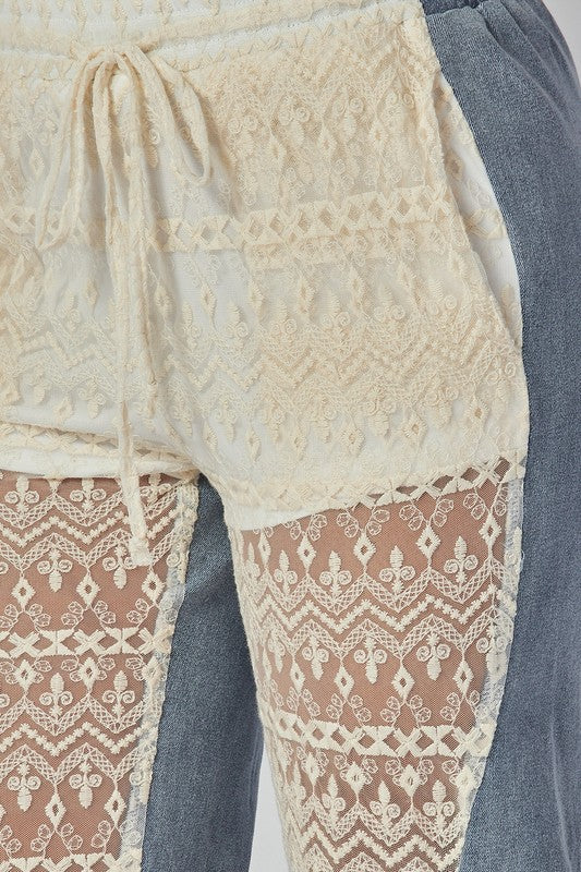 LACE CONTRAST DENIM TOP AND PANTS SET