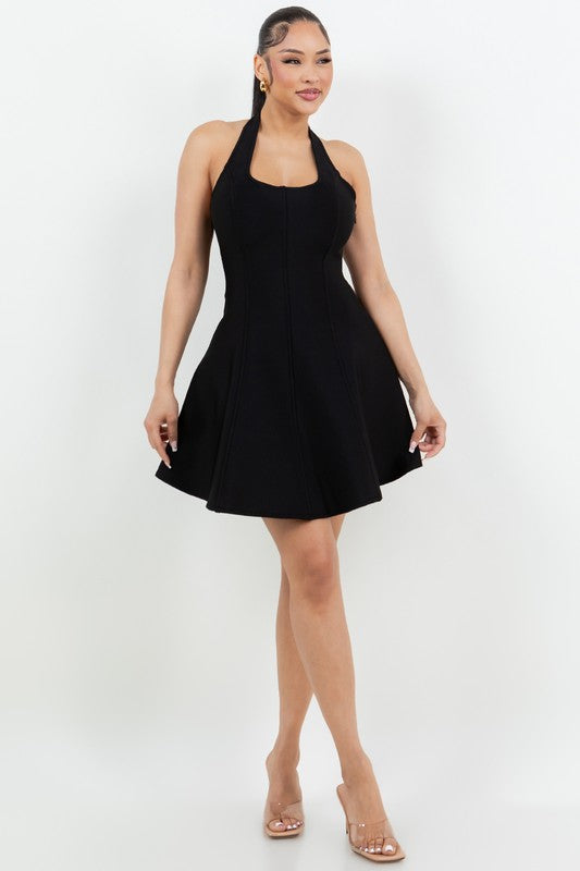 BANDAGE FIT FLARE HALTER NECK MINI DRESS