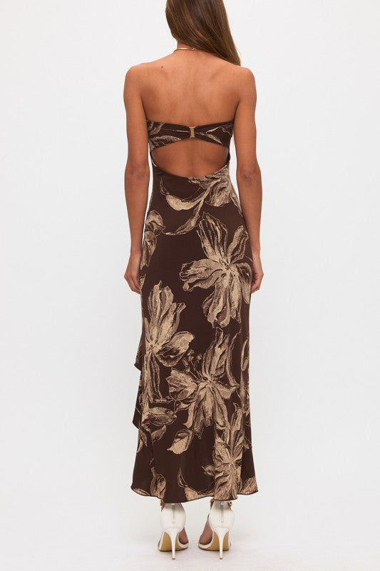 FLORAL BACK CLOSURE RUFFLE SLIT MAXI DRESS