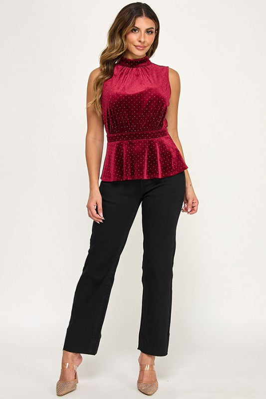 SLEEVELESS VELVET MOCK NECK TOP