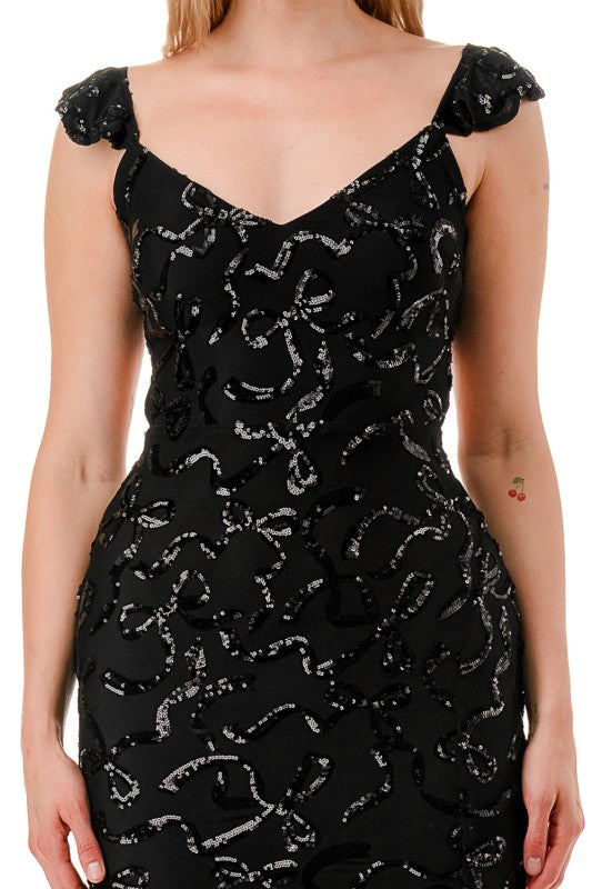 SEQUIN RIBBON RUFFLED MERMAID MAXI COCKTAIL DRESS