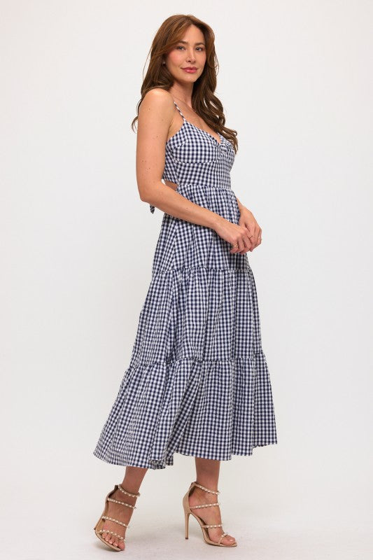 GINGHAM BOW BUST BACK TIE POPLIN MAXI DRESS