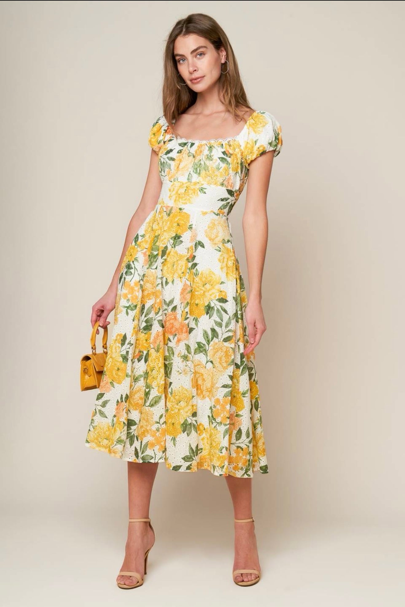 WOVEN PRINTED EYELET MIDI DRESS