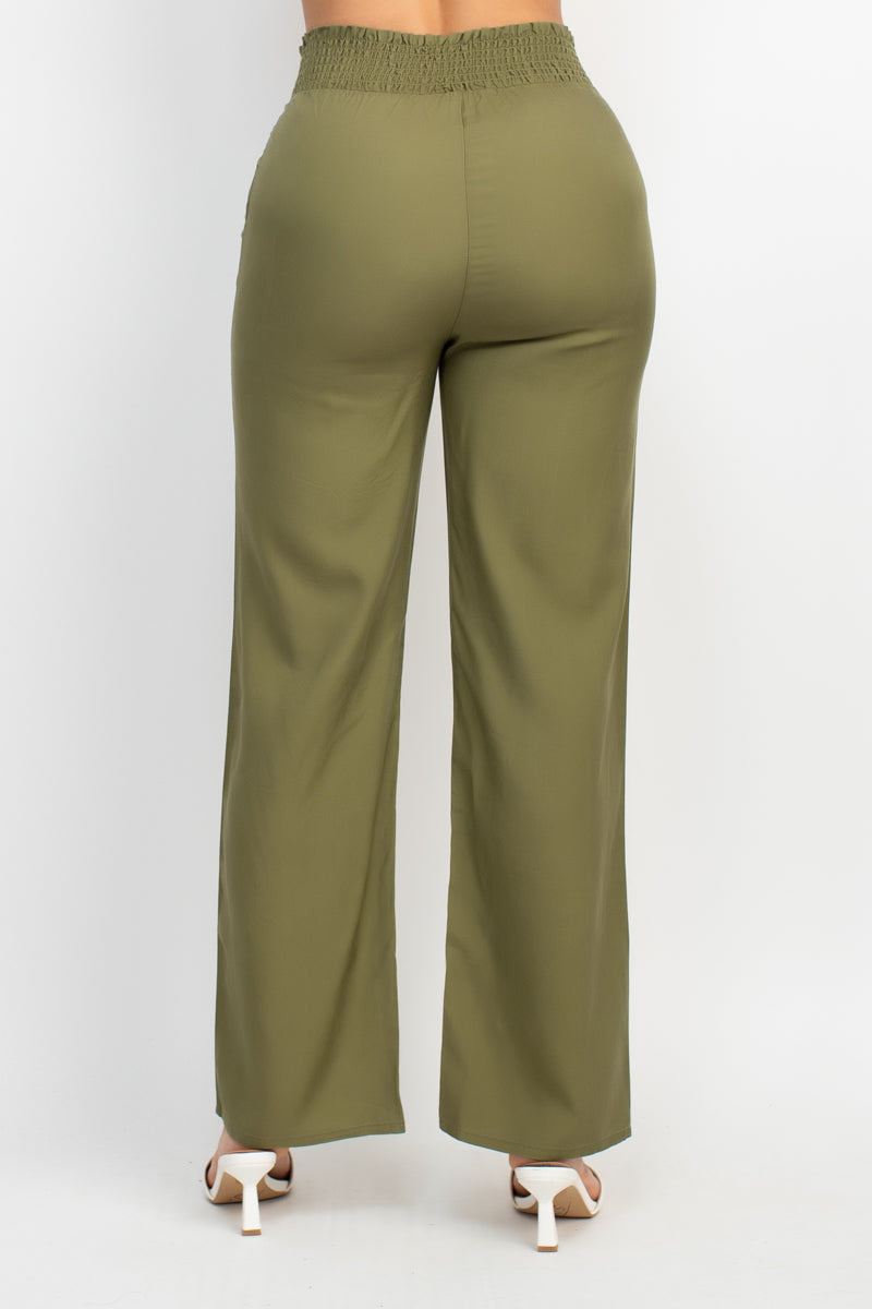 SMOCKED WAIST SOLID PANTS