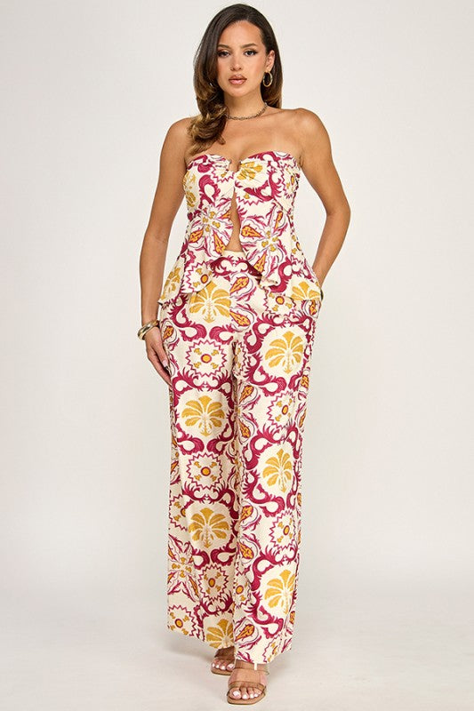 PRINTED BUST CUT BANDEAU TOP AND PANTS SET