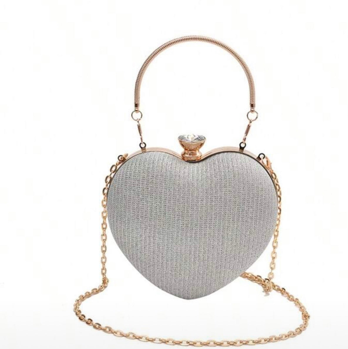 SHINY RHINESTONE HEART CROSSBODY CLUTCH PARTY BAG WITH METAL CHAIN