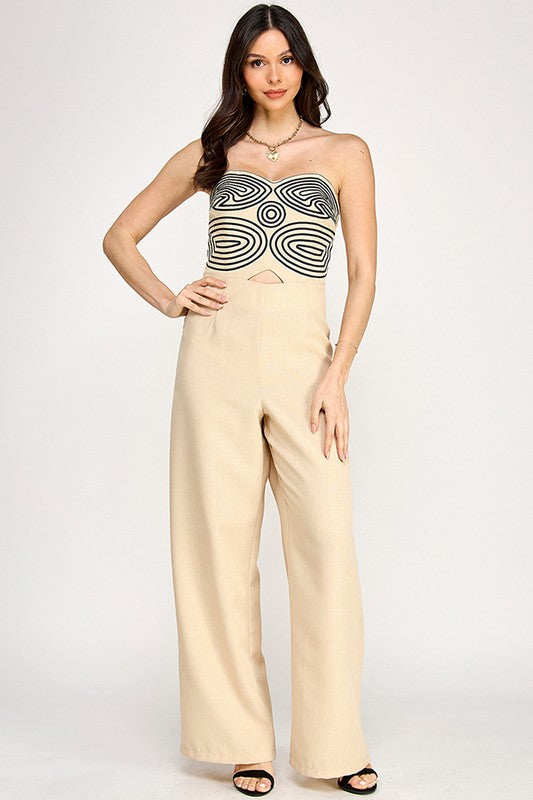 EMBROIDERED STRAPLESS JUMPSUIT