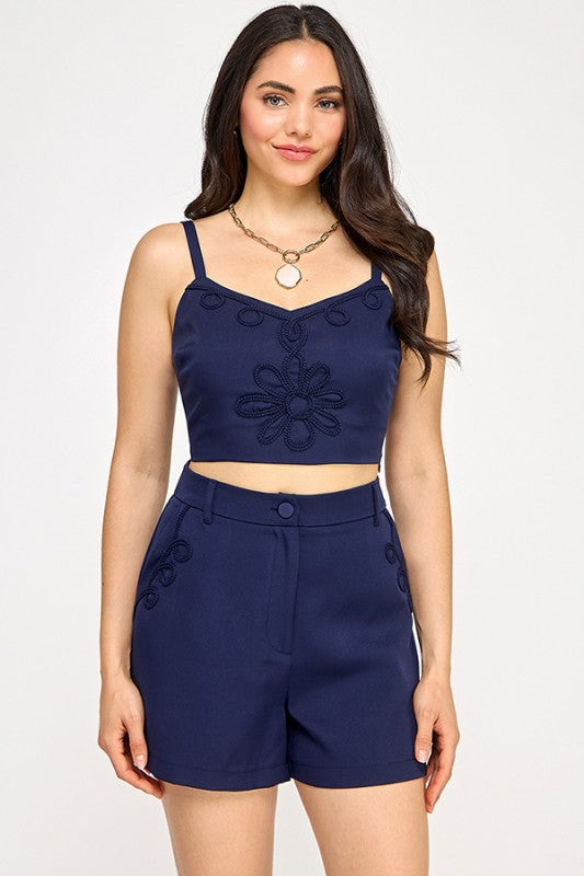 EMBROIDERED TRIM DETAIL SLEEVELESS TOP WITH SHORTS SET