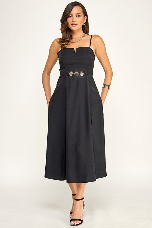 CAMI ADJUSTABLE STRAP BELTED MIDI DRESS