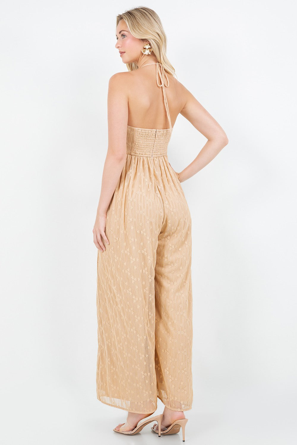 SOLID FRONT TIE HALTERED JUMPSUIT