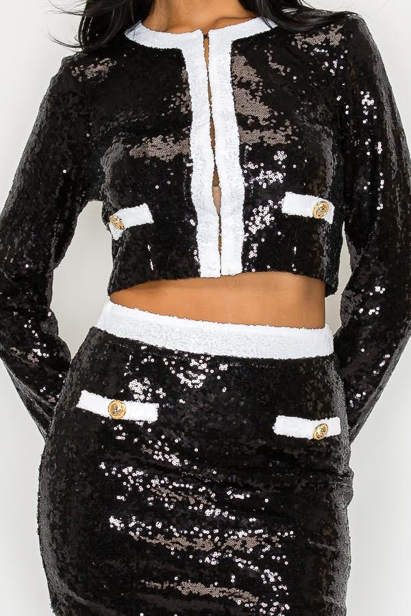 SEQUIN WHITE CONTRAST BLAZER WITH MINI SKIRT SET