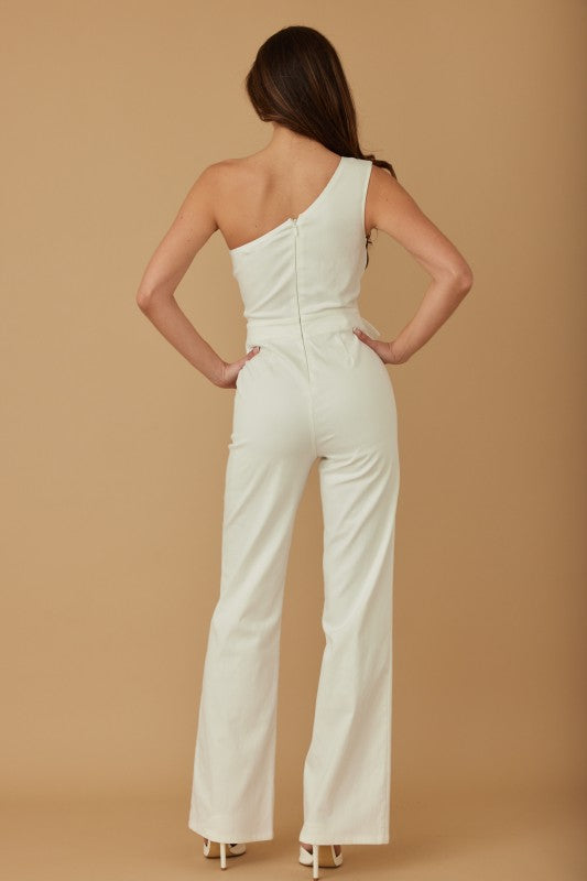 DENIM FLOWER BOOM HALF SHOULDER JUMPSUIT