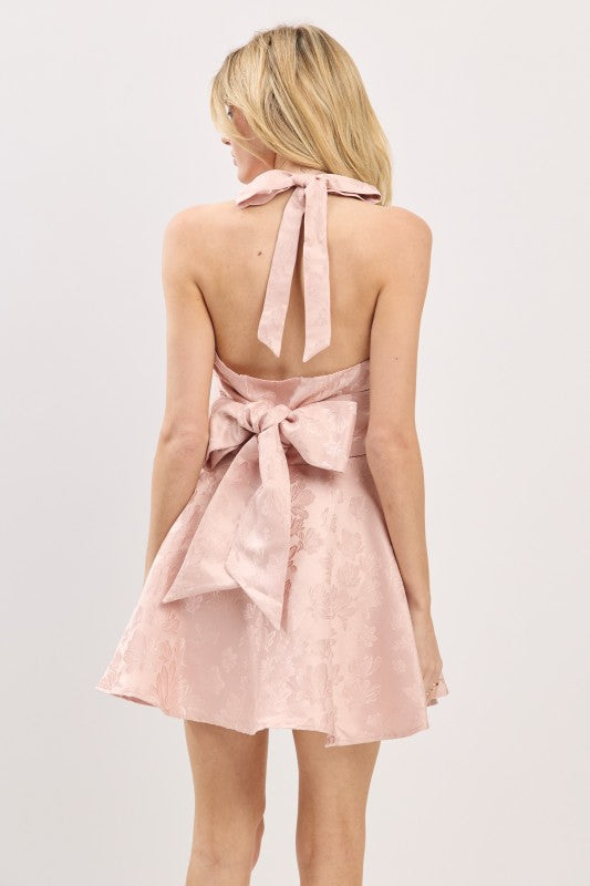 JACQUARD HALTER NECK MINI PARTY DRESS