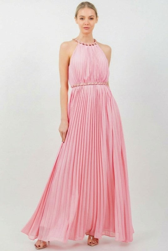 SOLID SLEEVELESS CHAIN HALTER NECK W CHAIN BELT PLEATED MAXI DRESS