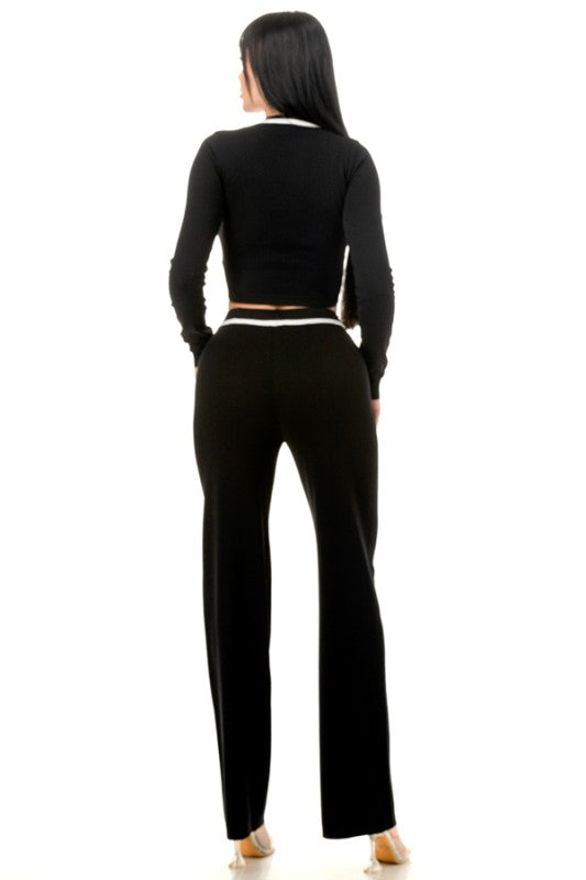 CROP TOP AND WID LEG PANTS KNIT MATCHING SET