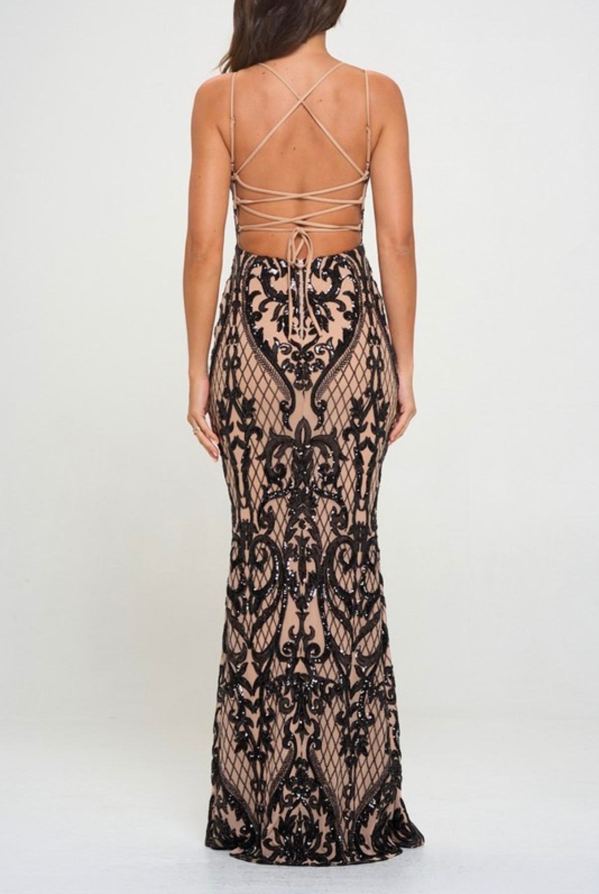 SEQUIN BACK LACE UP MERMAID MAXI COCKTAIL DRESS