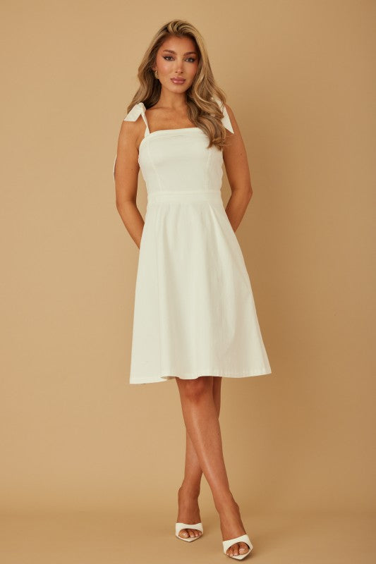 DENIM RIBBON TIE MINI DRESS