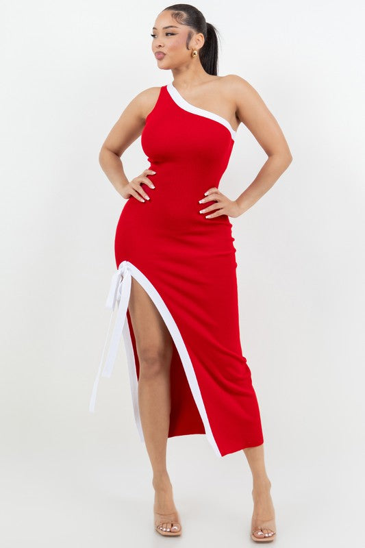 ONE SHOULDER SIDE SLIT TIE-UP MAXI DRESS