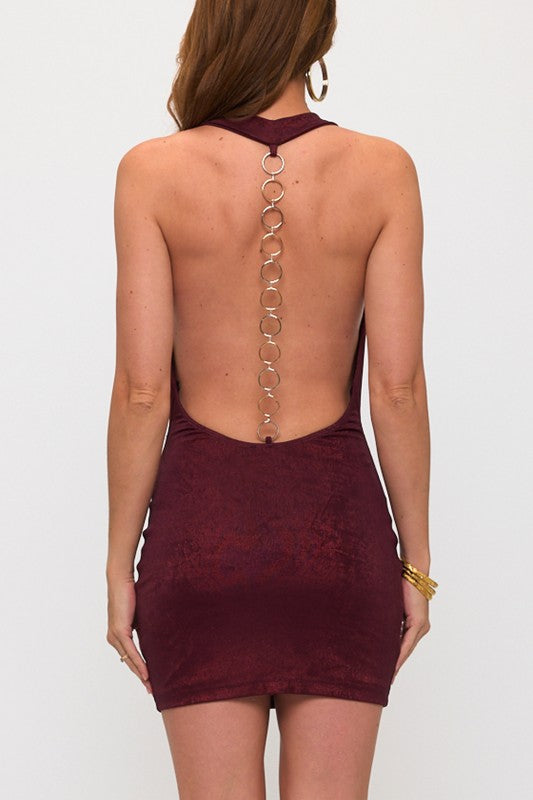 METALLIC HALTER O NECK MINI PARTY DRESS