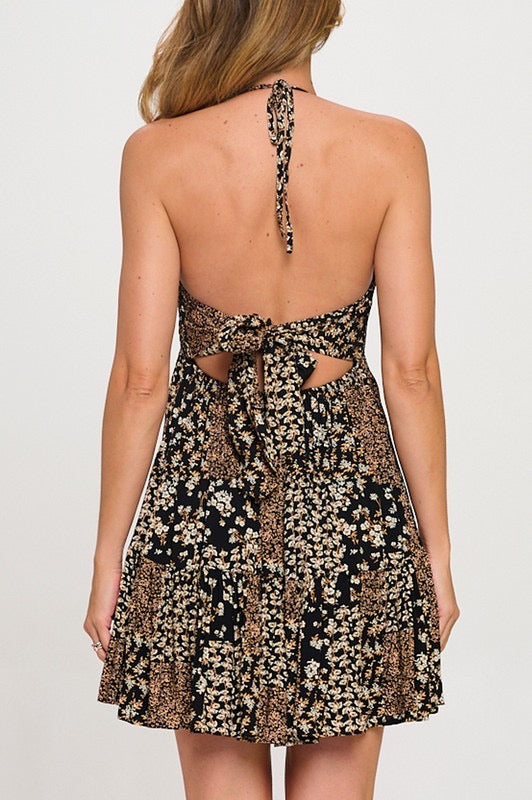 FLORAL PATCH TIE BACK MINI DRESS