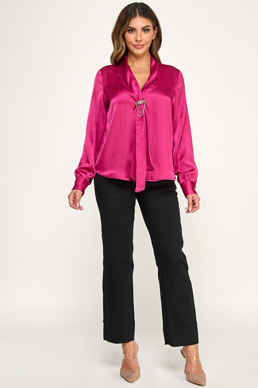 LUREX STRIPED LONG SLEEVE BLOUSE WITH NECK TIE