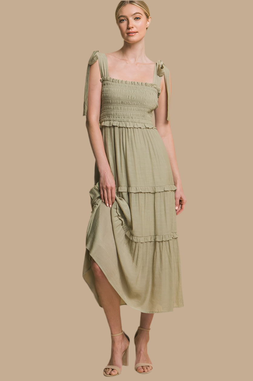 PLEATED SMOCKED MIDI DRESS