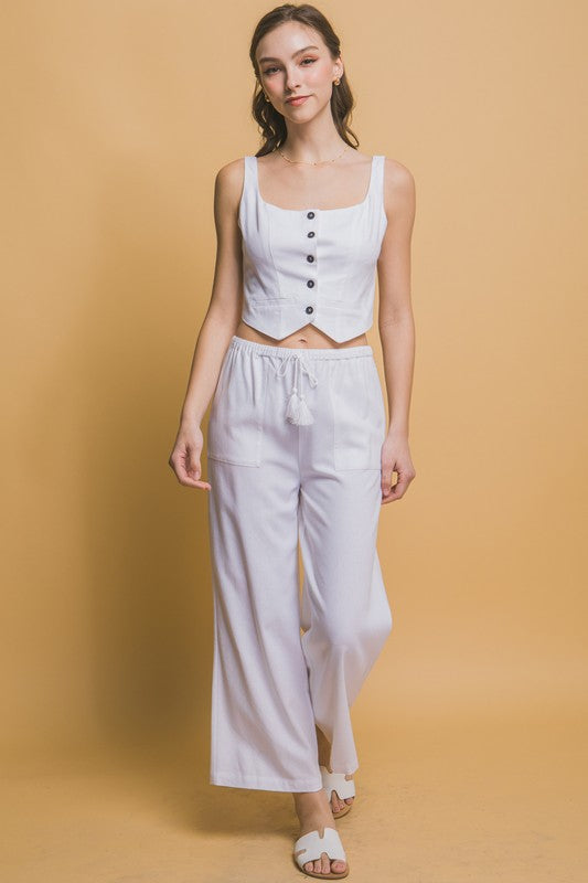 LINEN CROPPED BUTTON-FRONT TOP & PANTS SET