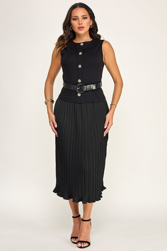 SLVLS GOLD BUTTON DETAIL TOP W/ PLEATED SKIRT DRESS