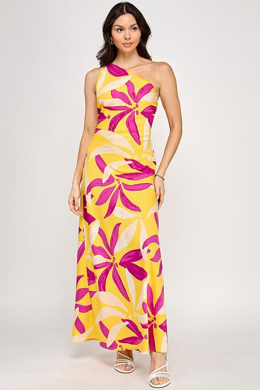 Printed One Shoulder Sleeveless Maxi Dress