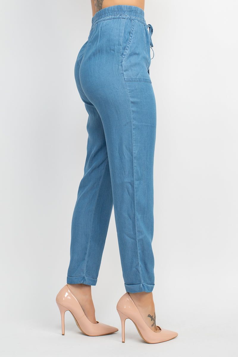 Cuffed Hem Denim Jogger Pants