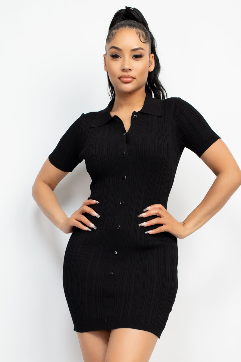 Collared Short Sleeve Buttoned Bodycon Knit Dress – Bella Chica