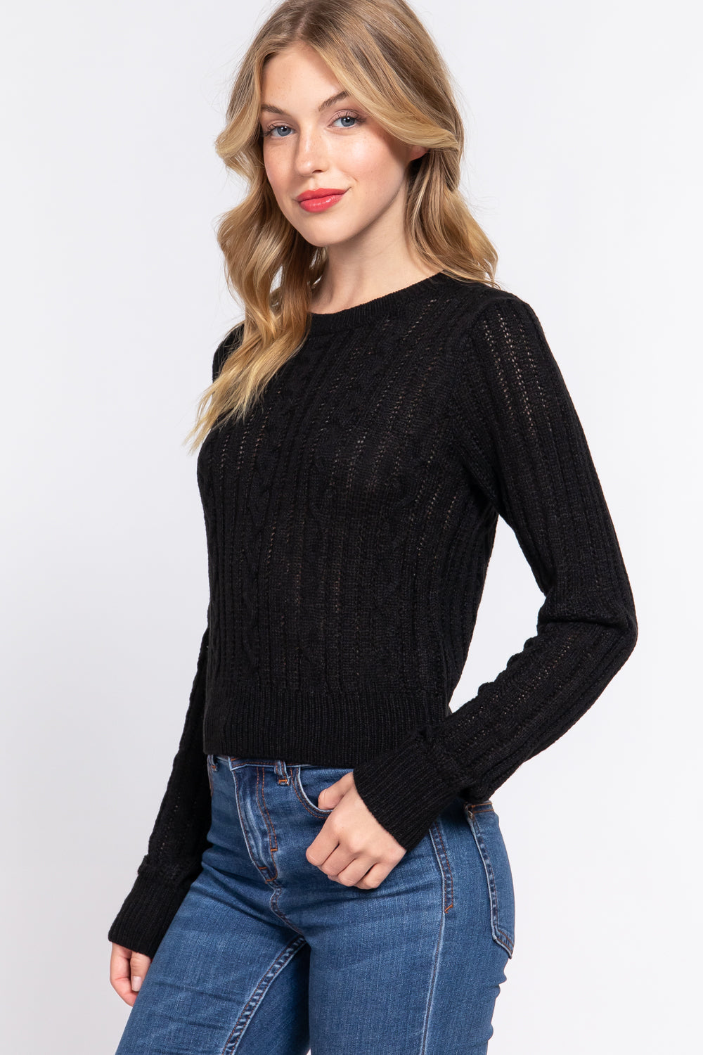 LONG SLV ROUND NECK CABLE SWEATER
