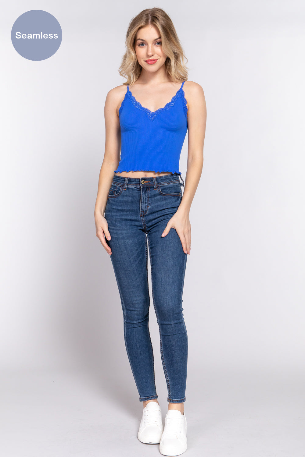 V-NECK w/LACE SEAMLESS RIB KNIT CAMI